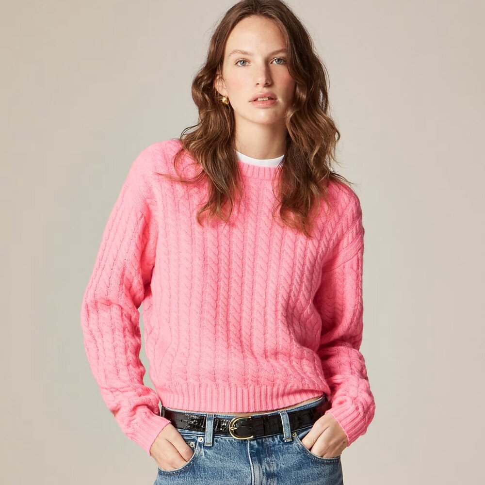 J. CREW Perfect Cashmere Cable-Knit Crewneck Sweater in Pink SZ L